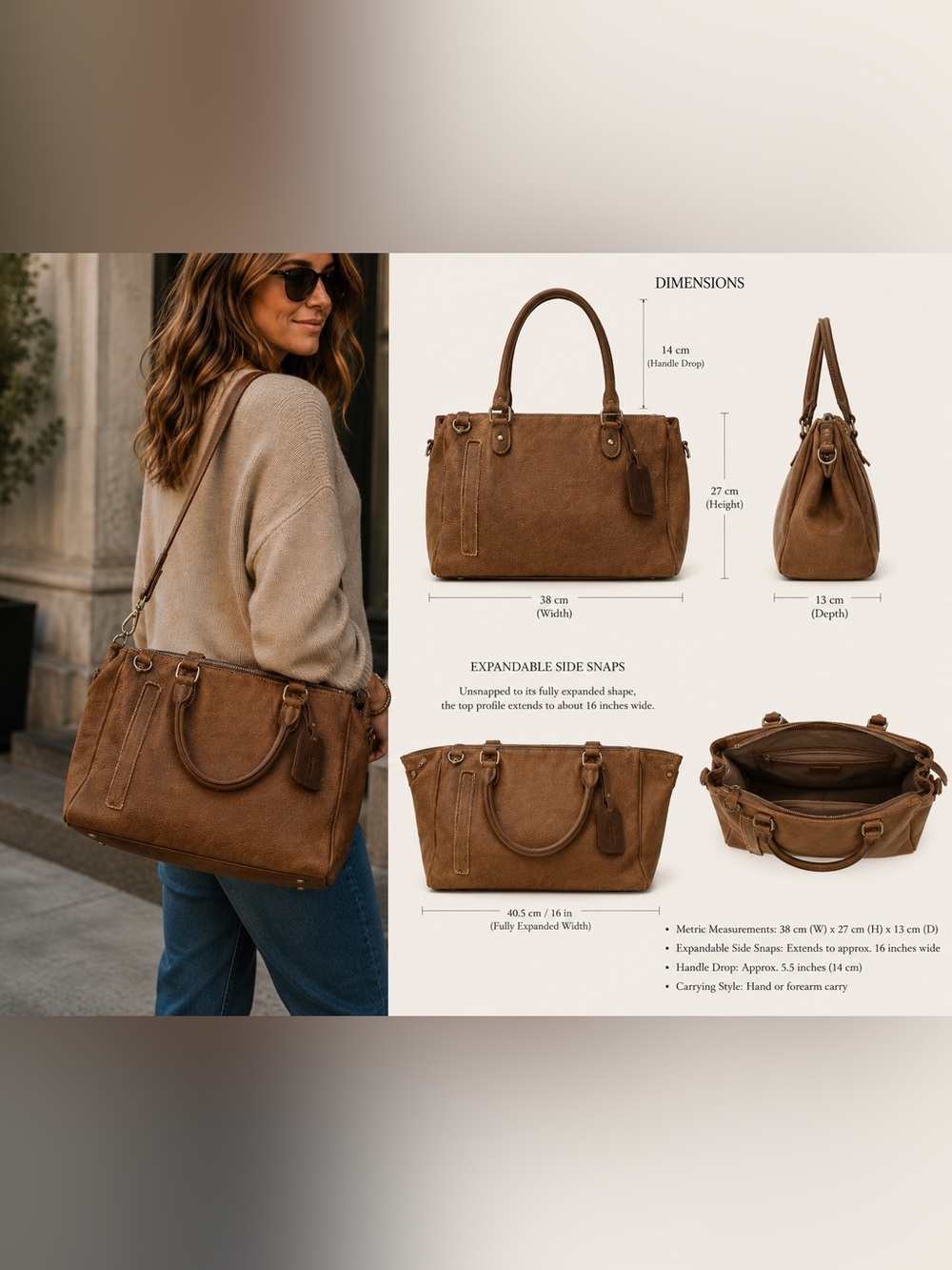 Roots grace Tan Leather Tote with Dual Handles